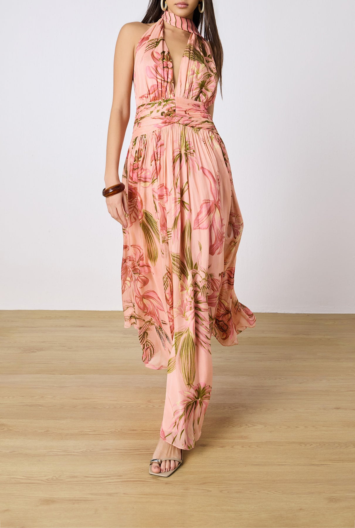 rococo sand ruched long dress Rococo Sand Ruched Long Dress In Multi