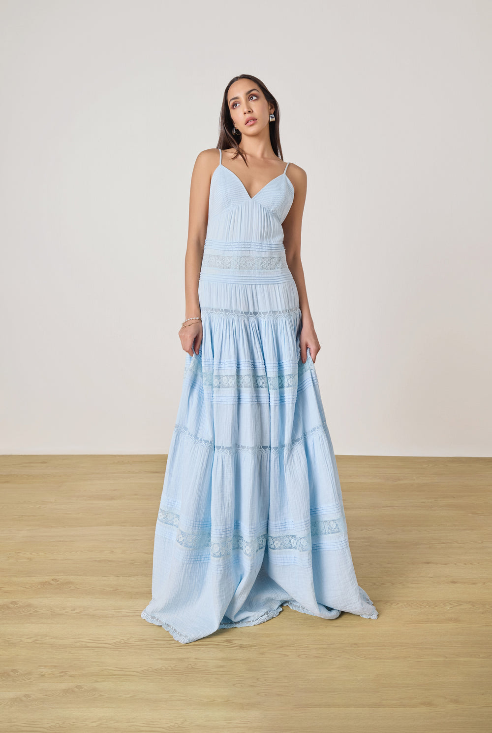 DOVE BLUE TIERED MAXI DRESS BY ROCOCO SAND