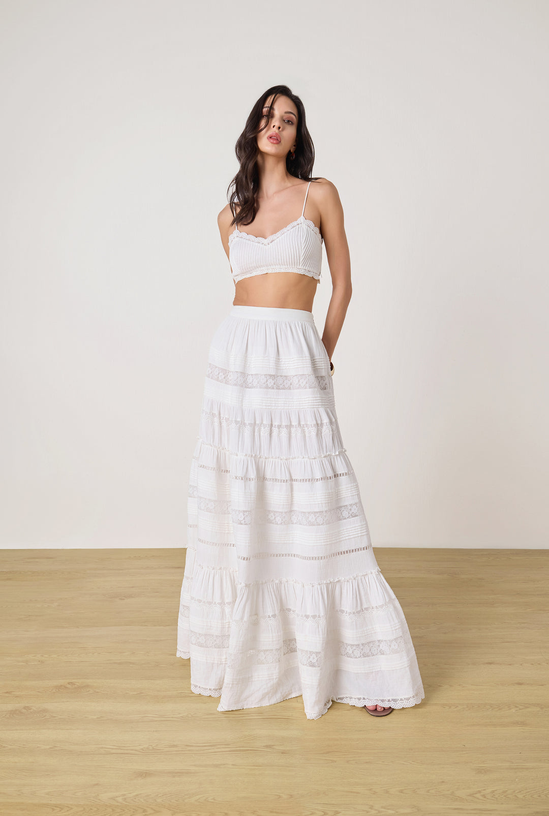 DOVE WHITE TIERED MAXI SKIRT BY ROCOCO SAND