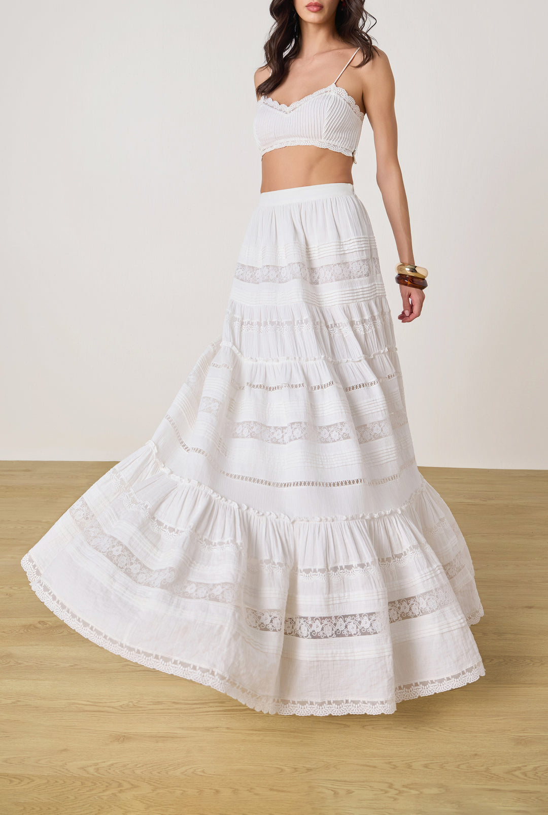 DOVE WHITE TIERED MAXI SKIRT BY ROCOCO SAND