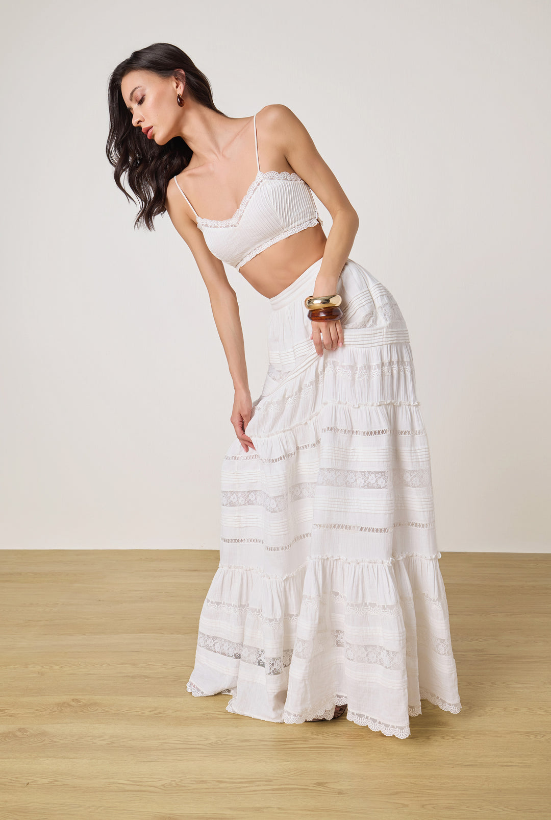 DOVE WHITE TIERED MAXI SKIRT BY ROCOCO SAND