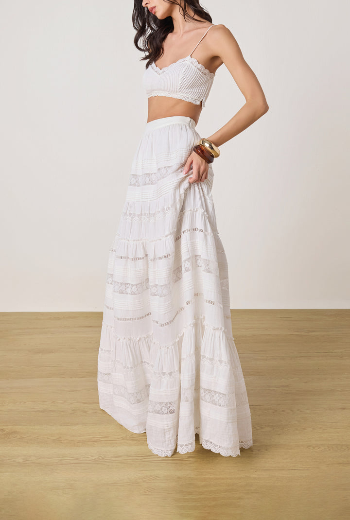 DOVE WHITE TIERED MAXI SKIRT BY ROCOCO SAND