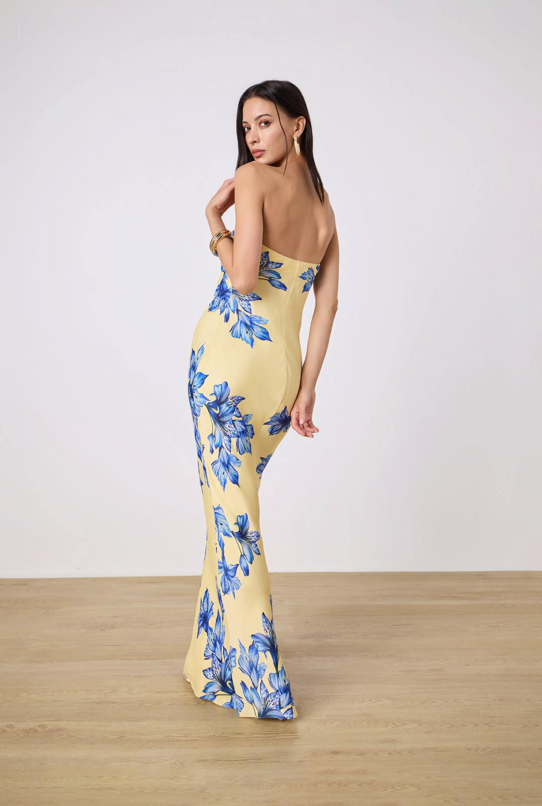 yellow satin strapless maxi dress Lacey Satin Butter Yellow Strapless Maxi Dress Momni Boutique