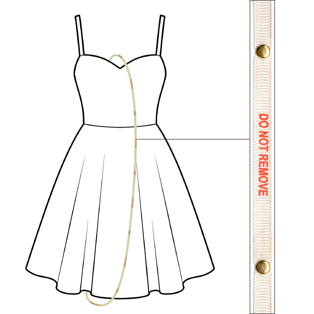 Do Not Remove ribbon threaded through a fit-and-flare dress, with a close-up of the ribbon